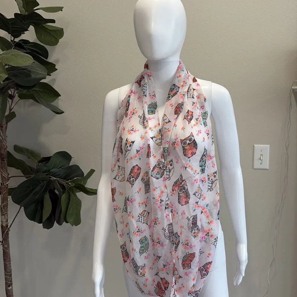 Owl Animal Print Sheer Gauze Infinity Scarf White & Neon colorful Whimsical